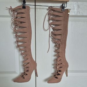 Fashion Nova Tan Over the Knee Lace-Up Boots